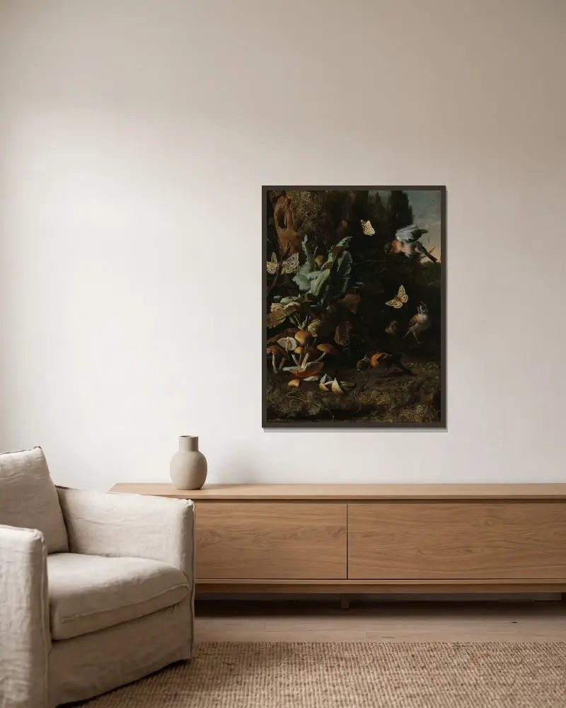 Tiere und Pflanzen von Melchior d'Hondecoeter gerahmt an einer Wand