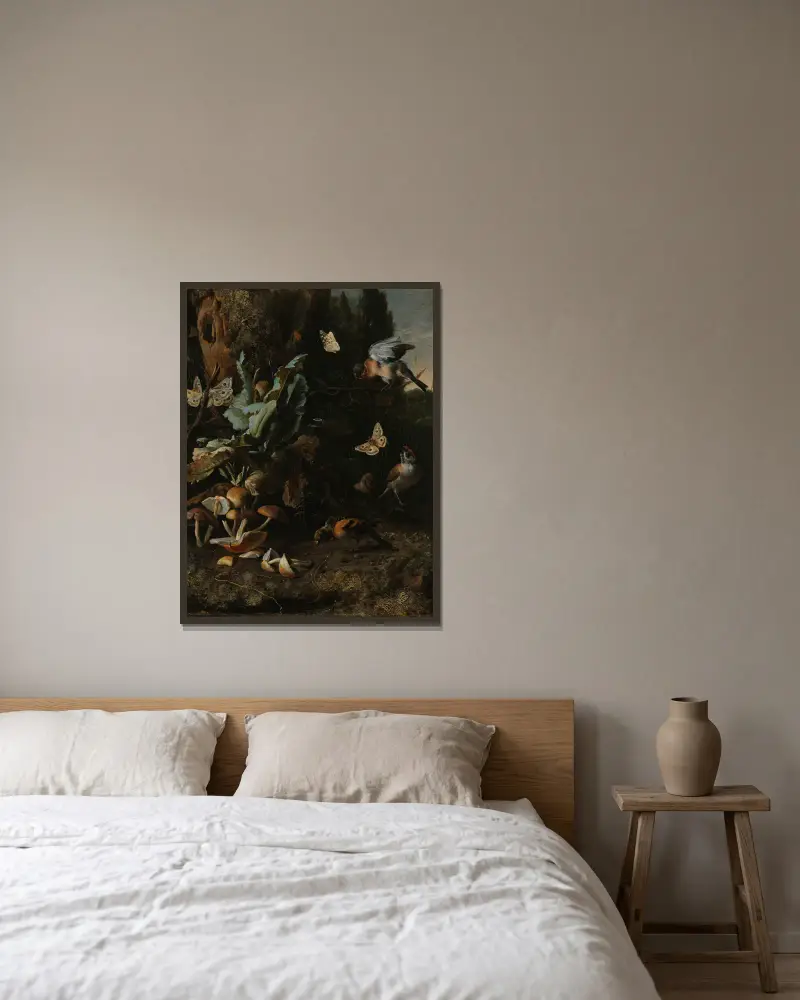 Tiere und Pflanzen von Melchior d'Hondecoeter gerahmt an einer Wand