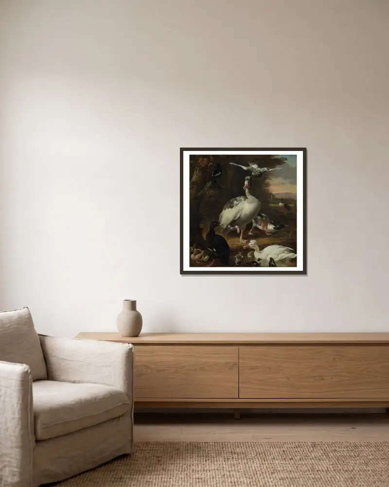 Vögel von Melchior d'Hondecoeter gerahmt an einer Wand