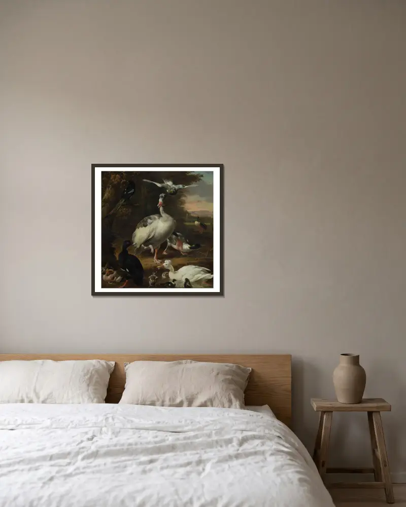 Vögel von Melchior d'Hondecoeter gerahmt an einer Wand
