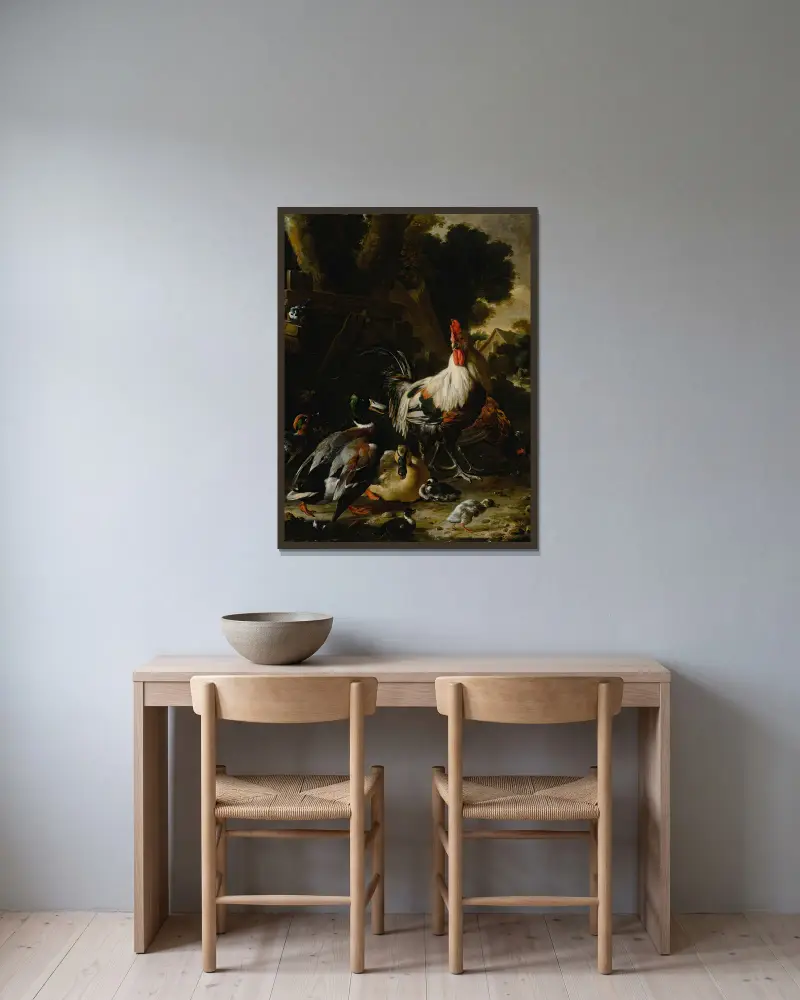 Ankor, hönor och andra fåglar på en gård av Melchior d'Hondecoeter inramad på en vägg