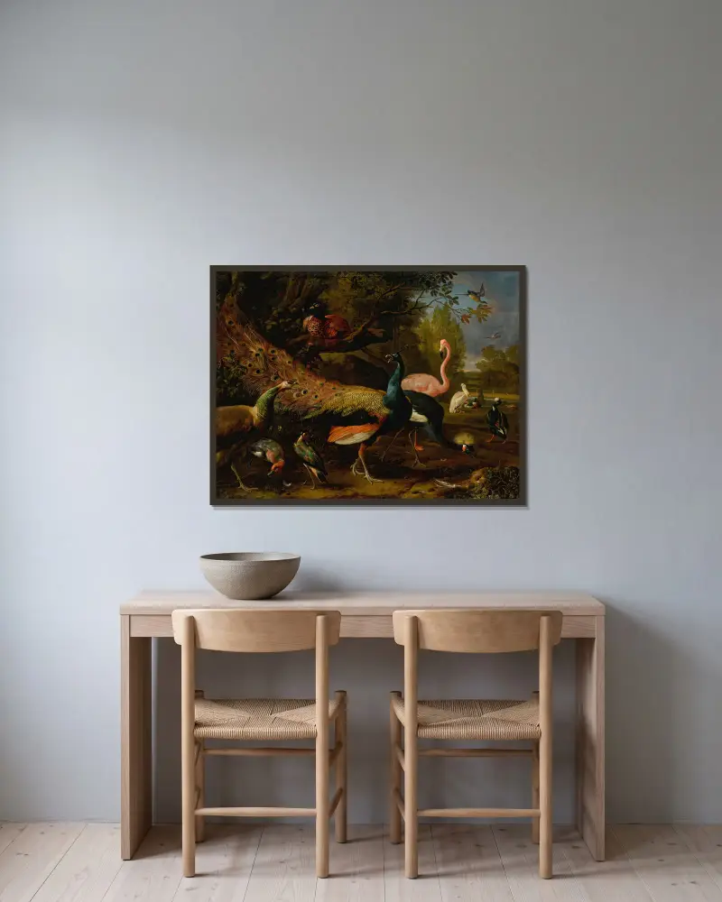 Exotiska fåglar, bland annat påfågel och påfågelhona, flamingo, afrikansk trana, fasan och vipa, skedand, pelikan och tofsand av Melchior d'Hondecoeter inramad på en vägg