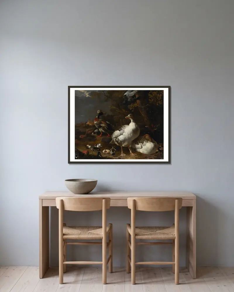 Geese and Ducks av Melchior d'Hondecoeter inramad på en vägg
