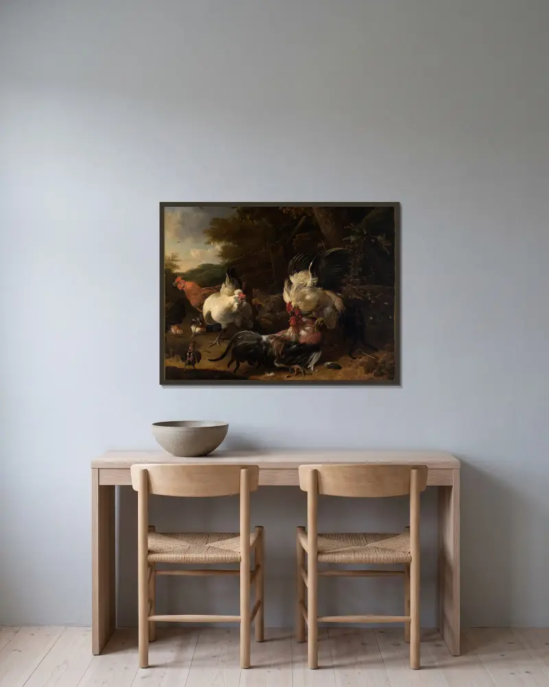 Kämpfende Hähne av Melchior d'Hondecoeter inramad på en vägg