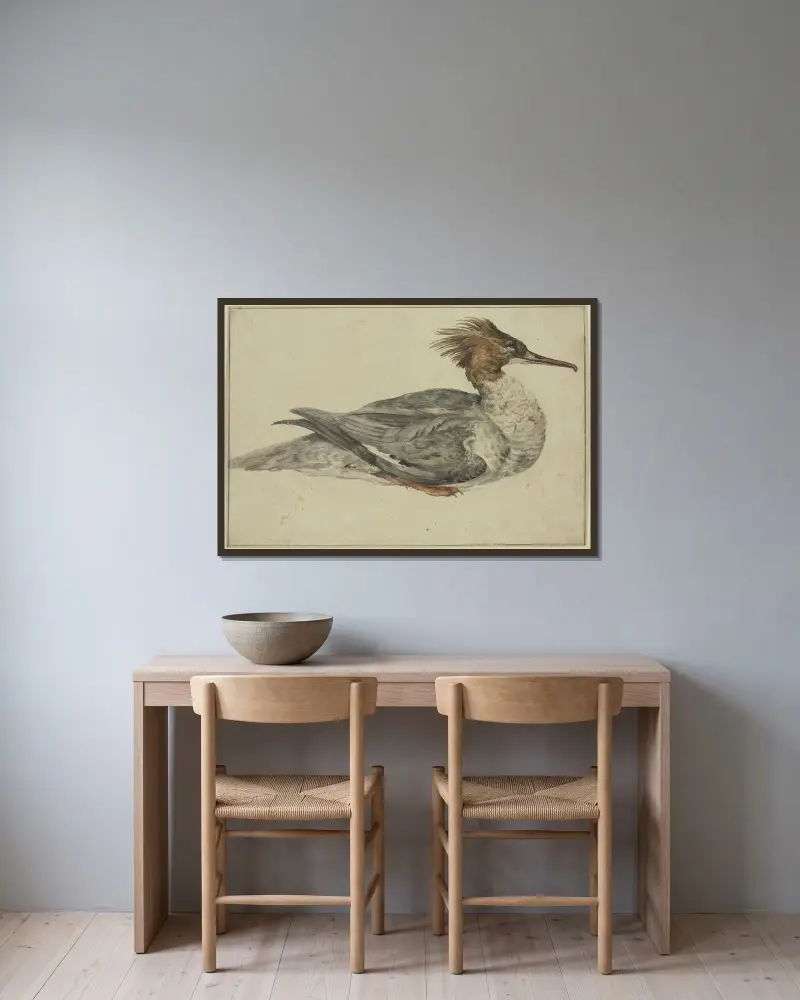 Liggande anka med brun hätta, röd näbb och fötter av Melchior d'Hondecoeter inramad på en vägg
