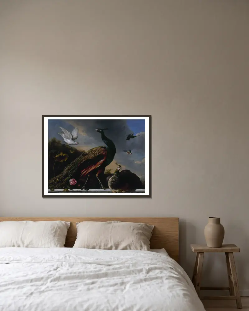 Pfauen, männlich und weiblich von Melchior d'Hondecoeter gerahmt an einer Wand