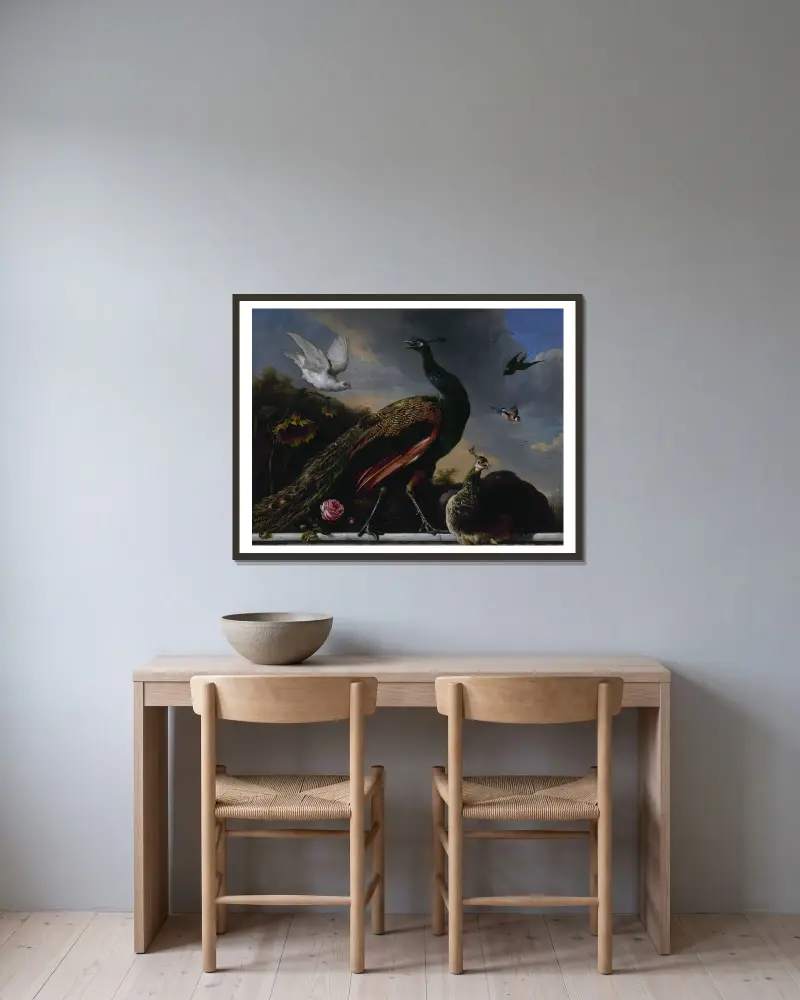 Pfauen, männlich und weiblich von Melchior d'Hondecoeter gerahmt an einer Wand