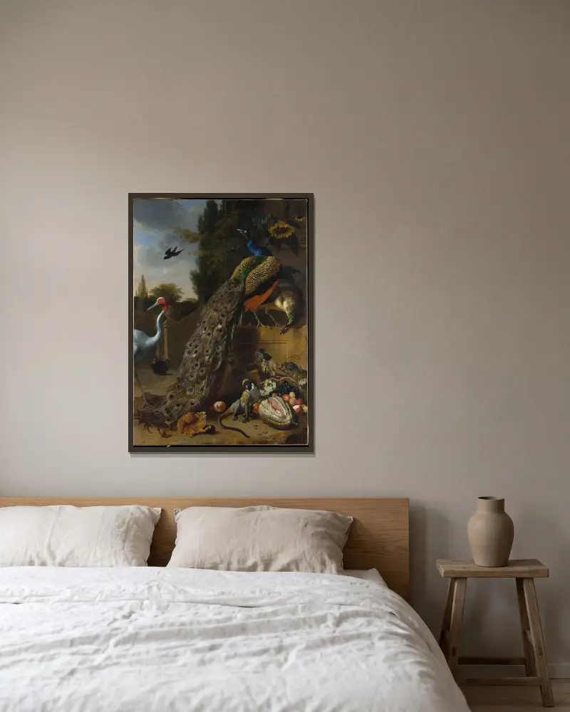 Peacocks av Melchior d'Hondecoeter inramad på en vägg