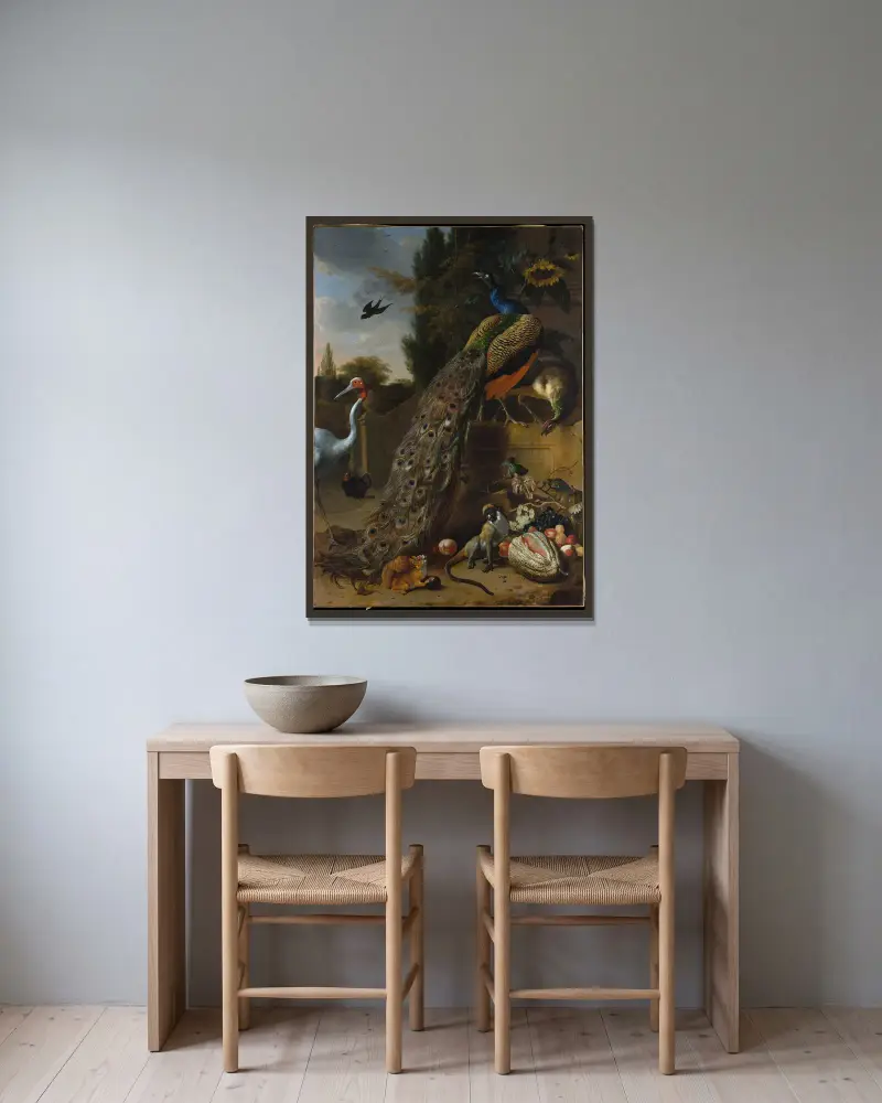 Peacocks av Melchior d'Hondecoeter inramad på en vägg