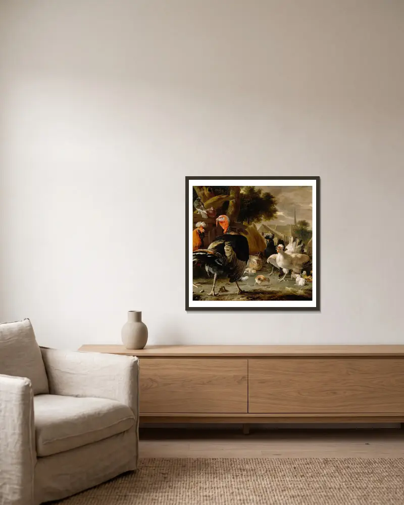 Geflügelhof, 1668 von Melchior d'Hondecoeter gerahmt an einer Wand