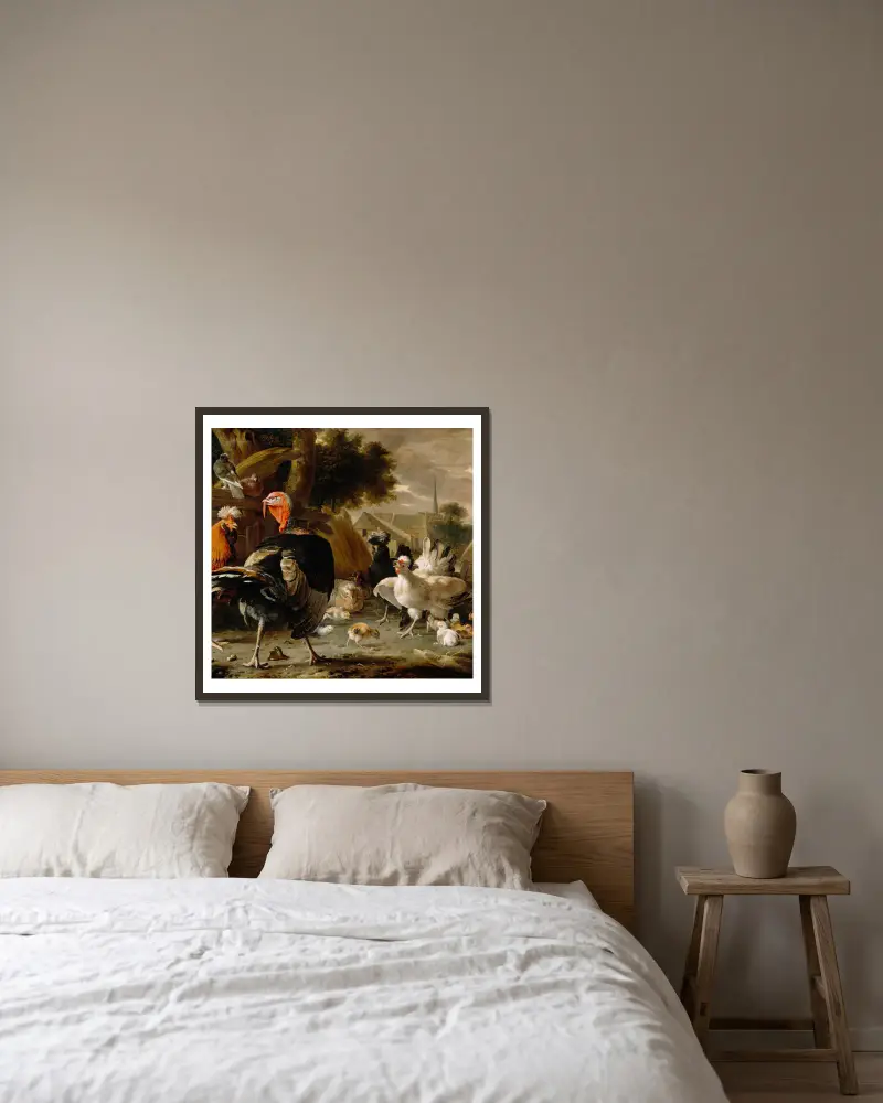 Geflügelhof, 1668 von Melchior d'Hondecoeter gerahmt an einer Wand