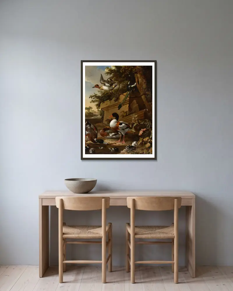 Sheldrakeänder och ällingar med en skata i en trädgård, en by bortom av Melchior d'Hondecoeter inramad på en vägg