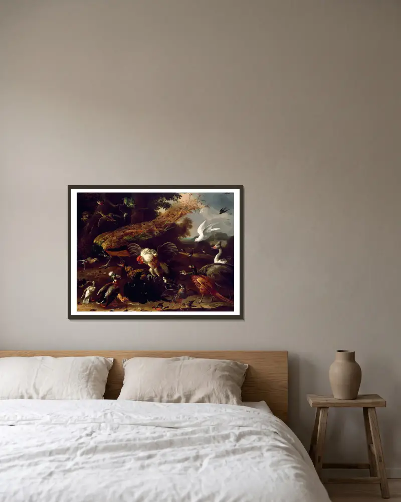 Die entlarvte Krähe von Melchior d'Hondecoeter gerahmt an einer Wand
