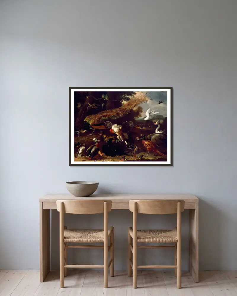 Die entlarvte Krähe von Melchior d'Hondecoeter gerahmt an einer Wand