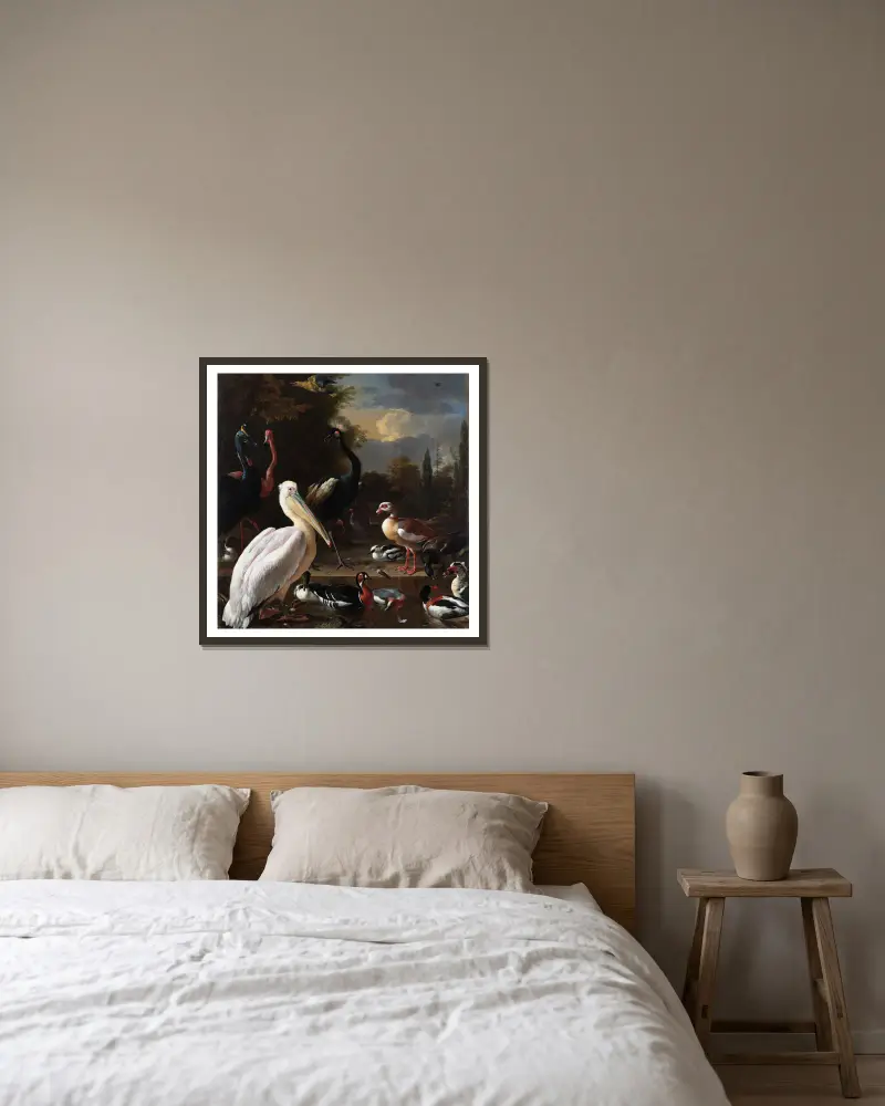 The Floating Feather av Melchior d'Hondecoeter inramad på en vägg