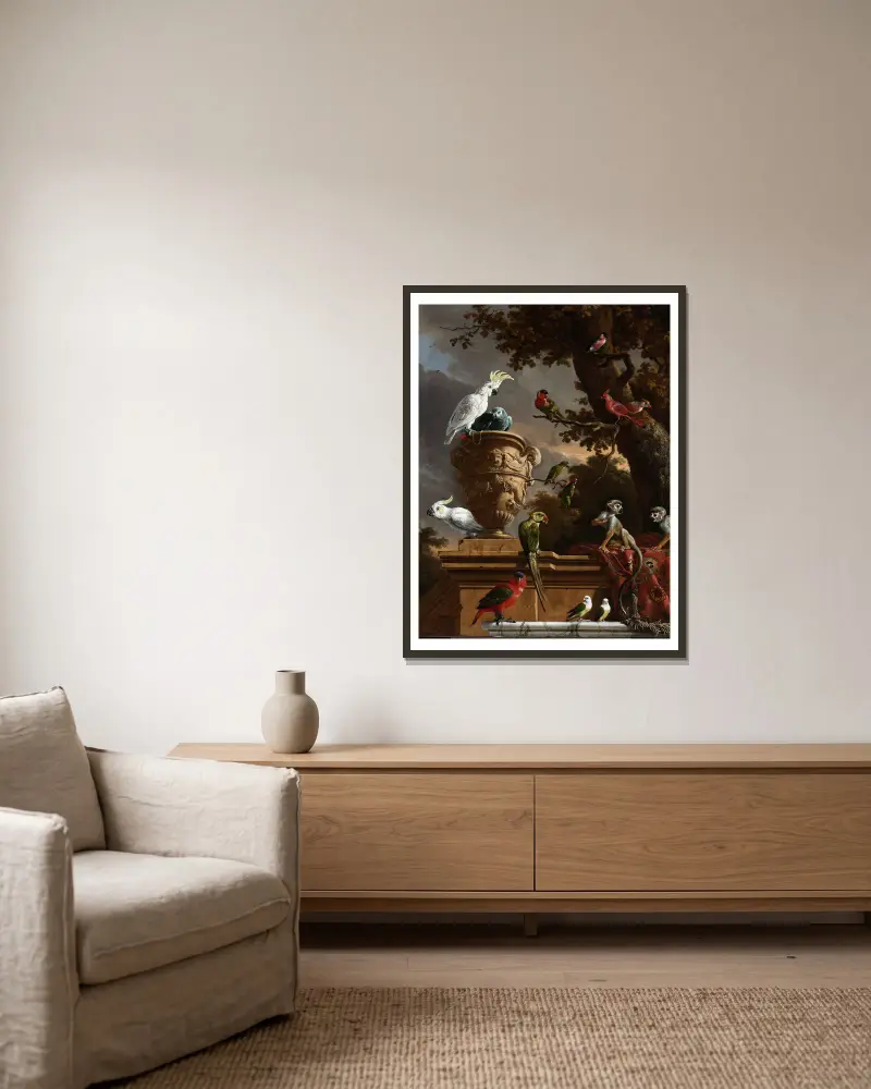 Die Menagerie von Melchior d'Hondecoeter gerahmt an einer Wand
