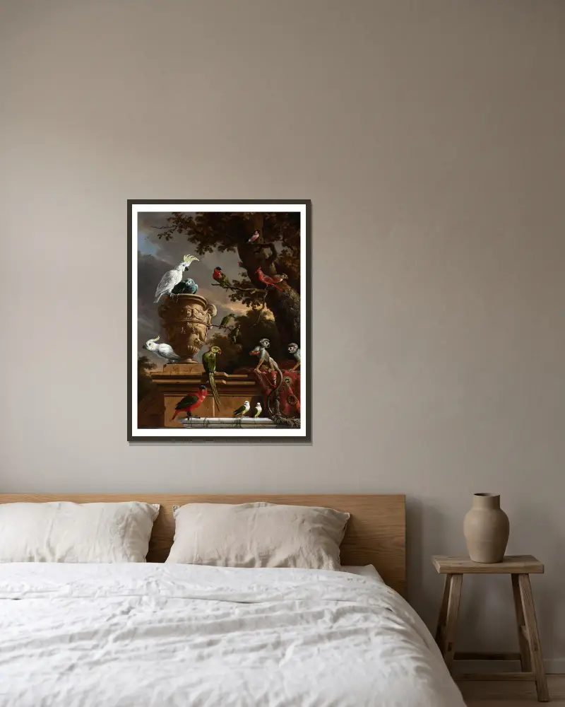 Die Menagerie von Melchior d'Hondecoeter gerahmt an einer Wand