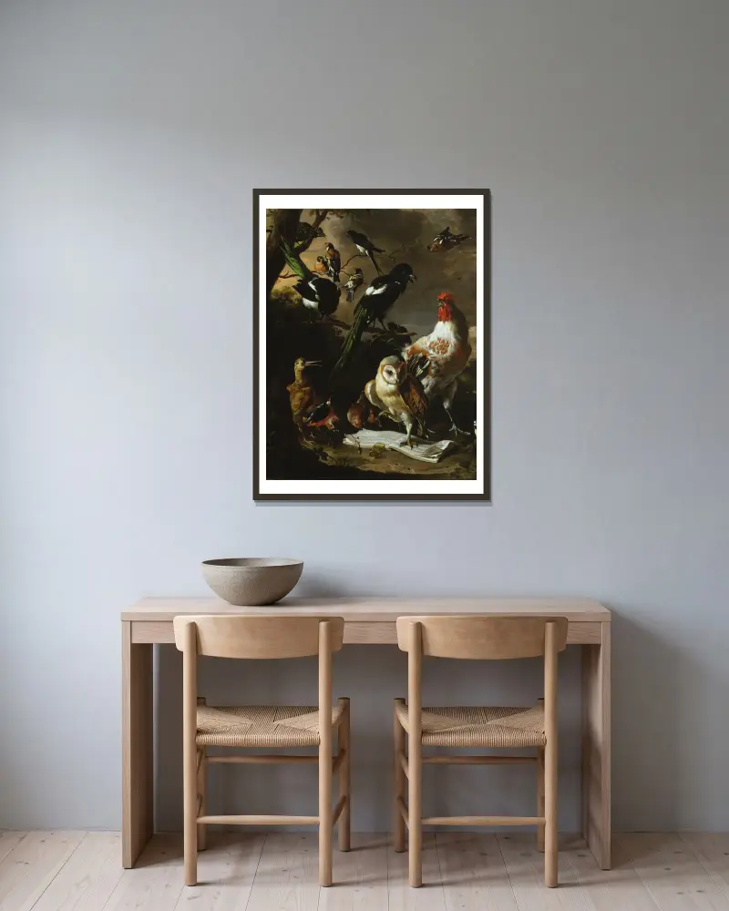 Vogelconcert av Melchior d'Hondecoeter inramad på en vägg