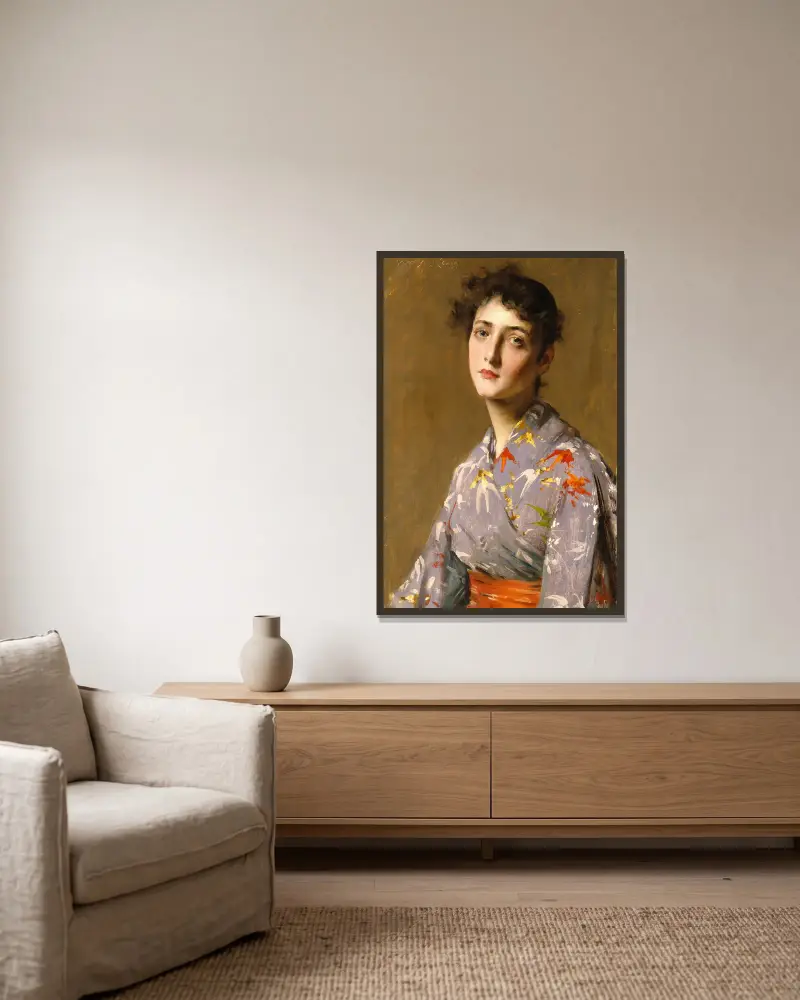 Flicka i japansk dräkt av William Merritt Chase inramad på en vägg