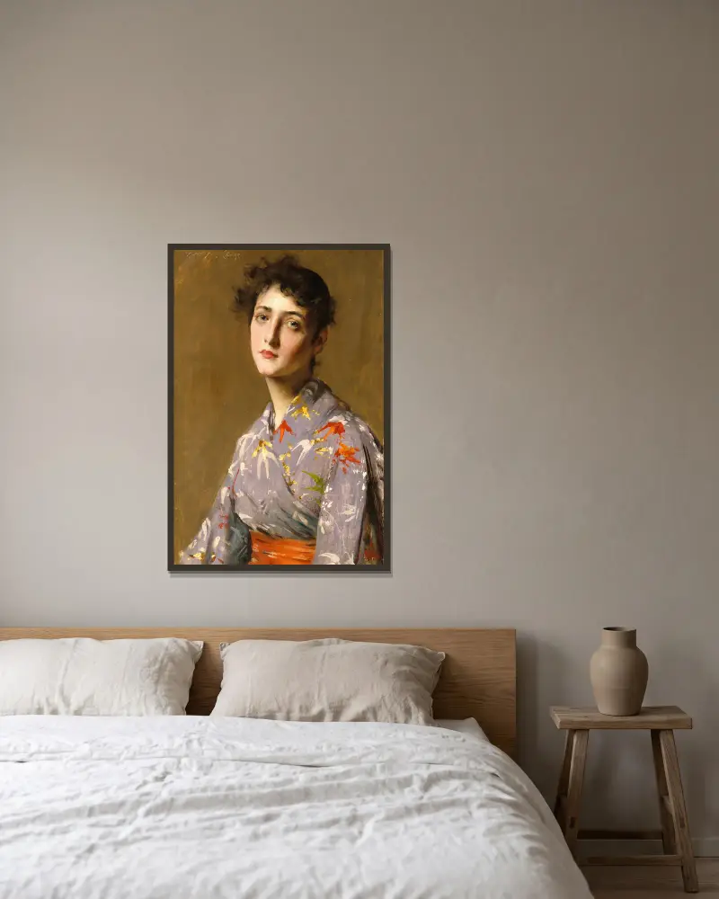 Flicka i japansk dräkt av William Merritt Chase inramad på en vägg