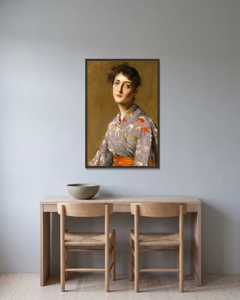 Flicka i japansk dräkt av William Merritt Chase inramad på en vägg