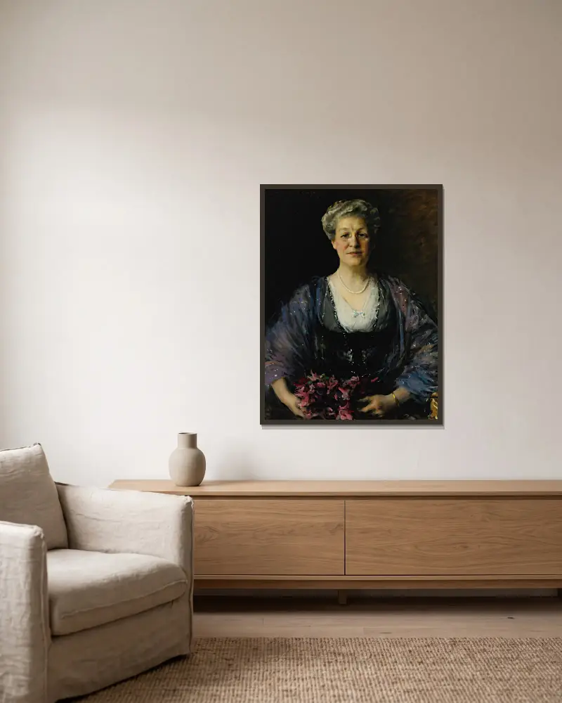 Porträtt av Matilda Herbert Lloyd (1855–1945) av William Merritt Chase inramad på en vägg