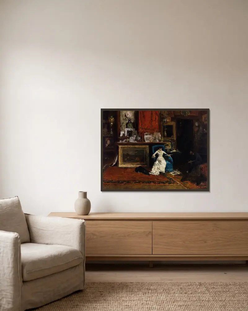 The Tenth Street Studio av William Merritt Chase inramad på en vägg