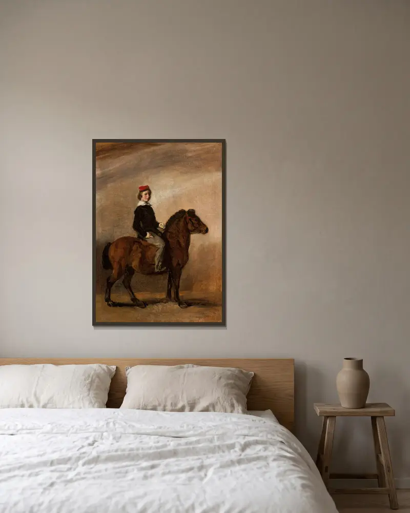 Der Sohn des Künstlers auf einem Pony von Piotr Michałowski gerahmt an einer Wand