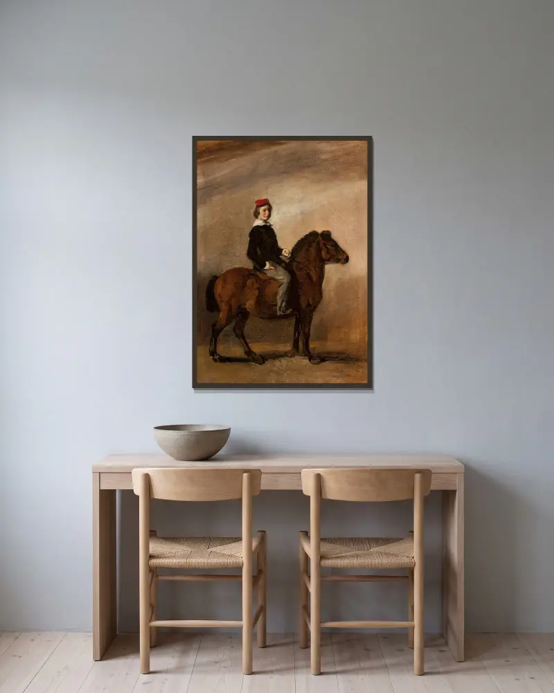 Der Sohn des Künstlers auf einem Pony von Piotr Michałowski gerahmt an einer Wand