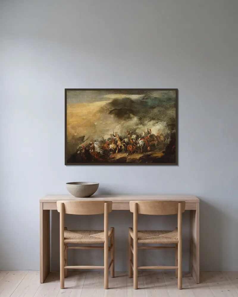 Battle of Somosierra av Piotr Michałowski inramad på en vägg