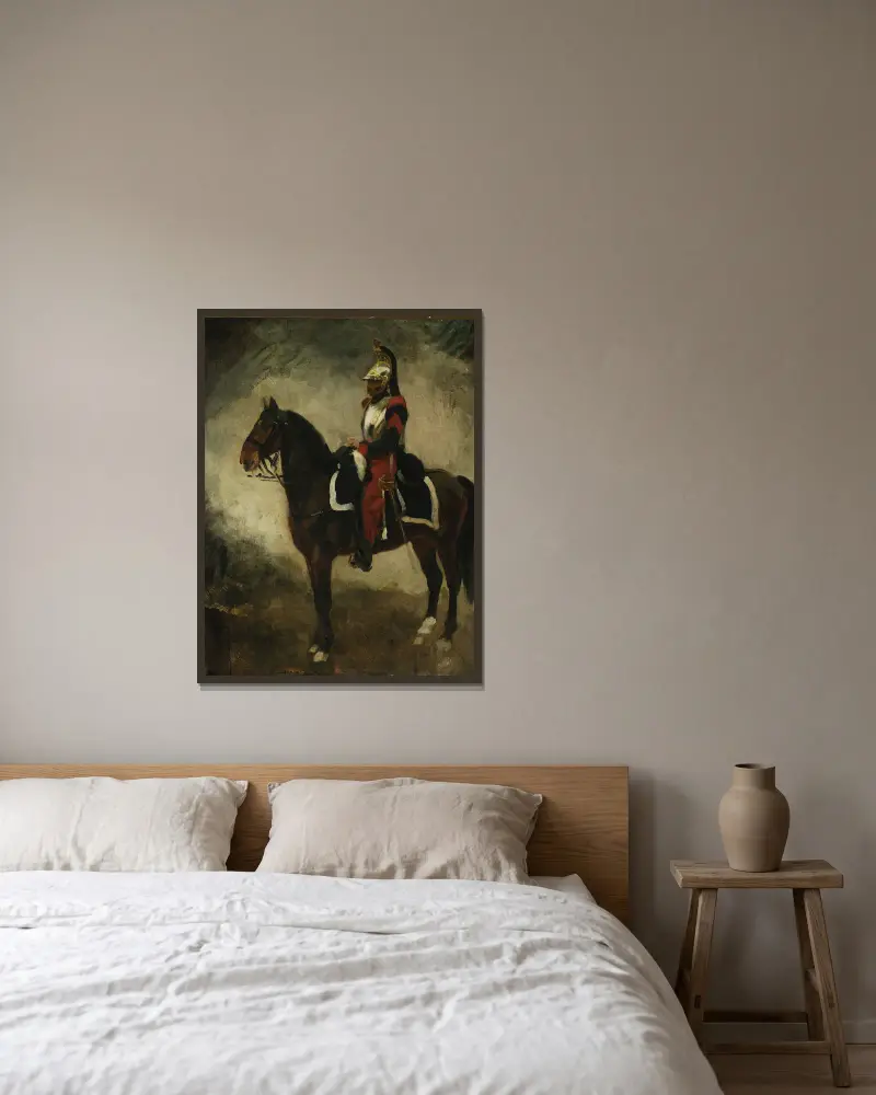 Cuirassier on a bay horse av Piotr Michałowski inramad på en vägg