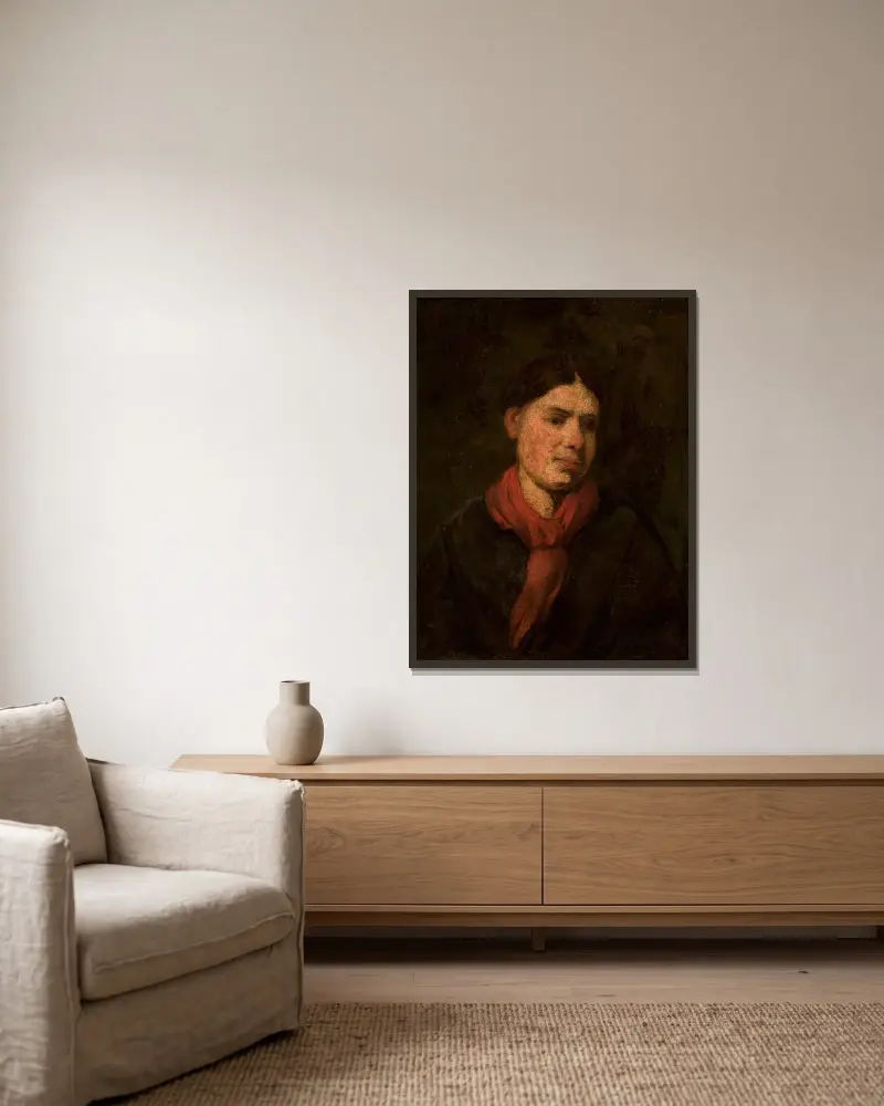Girl in a red scarf av Piotr Michałowski inramad på en vägg
