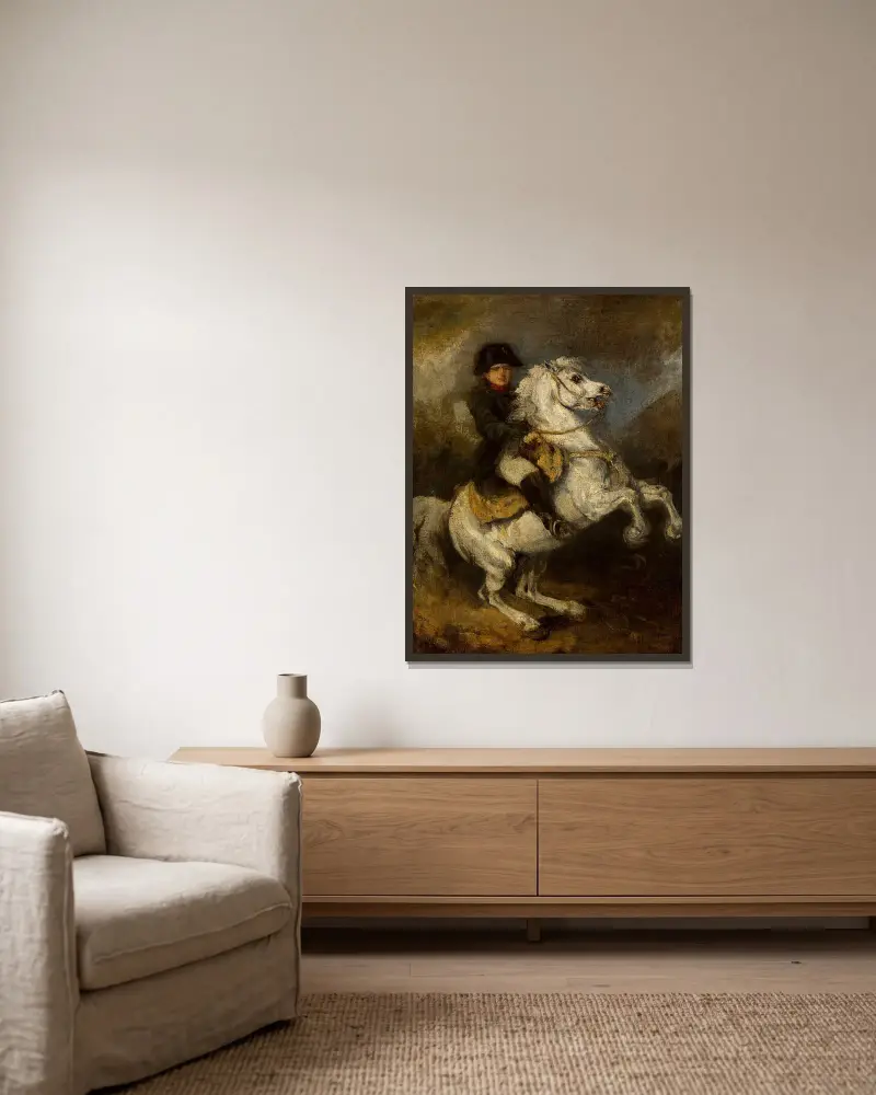 Napoleon on horseback, 1835 av Piotr Michałowski inramad på en vägg