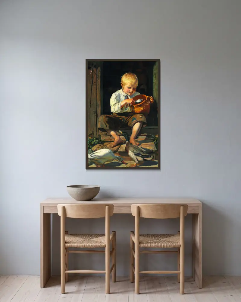 Dreng fodrer ænder av Michael Ancher inramad på en vägg