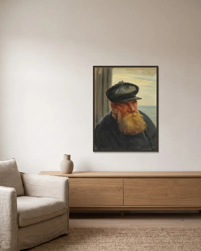 Skagenfiskare med havet i bakgrunden av Michael Ancher inramad på en vägg