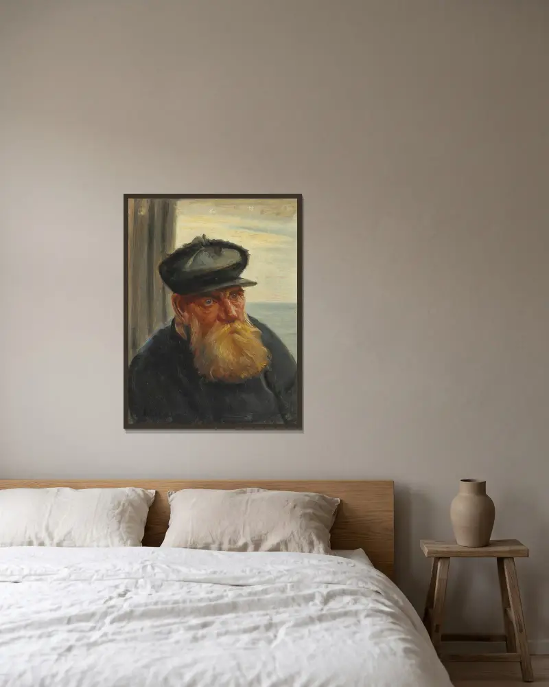 Skagenfiskare med havet i bakgrunden av Michael Ancher inramad på en vägg