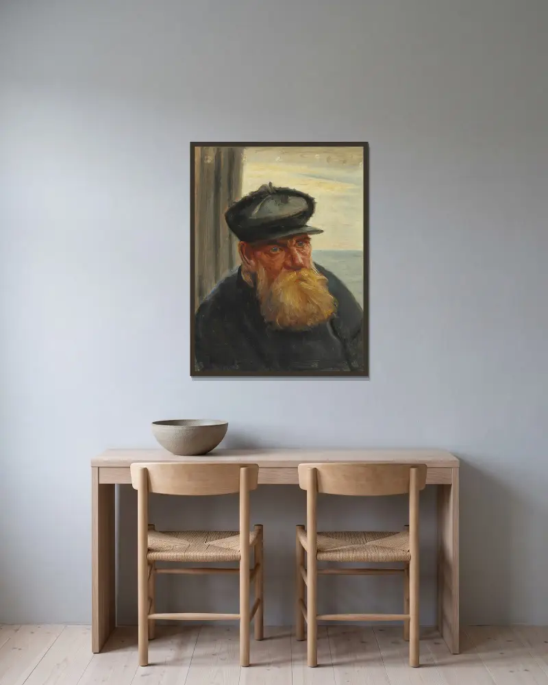 Skagenfiskare med havet i bakgrunden av Michael Ancher inramad på en vägg