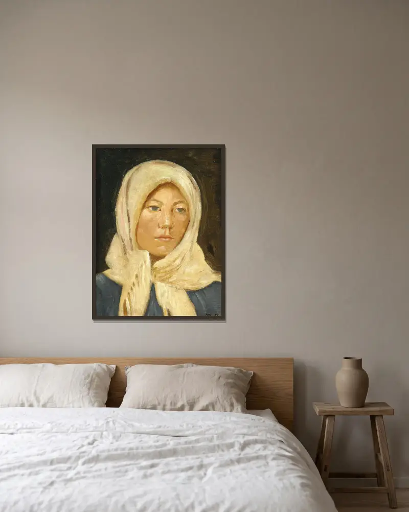 Ung skagenflicka med halsduk av Michael Ancher inramad på en vägg