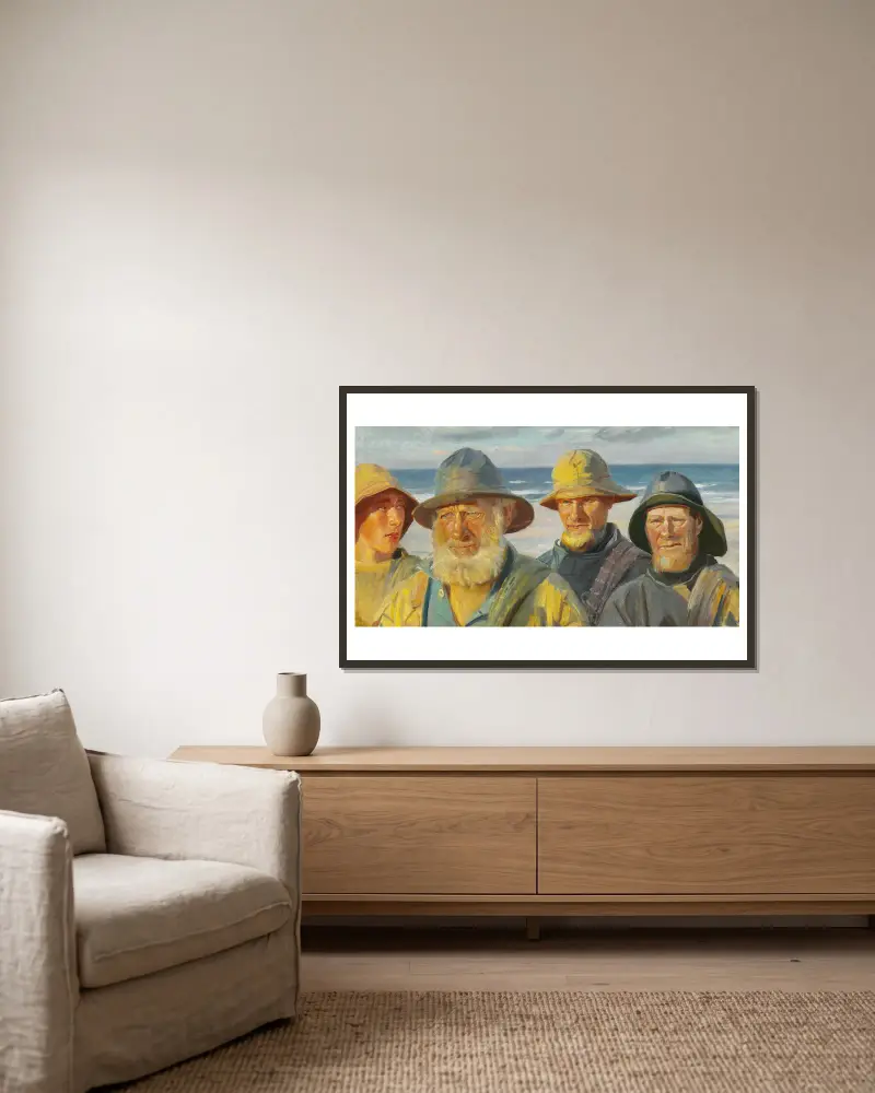 Fire fiskere i solskin på Skagen Strand av Michael Ancher inramad på en vägg