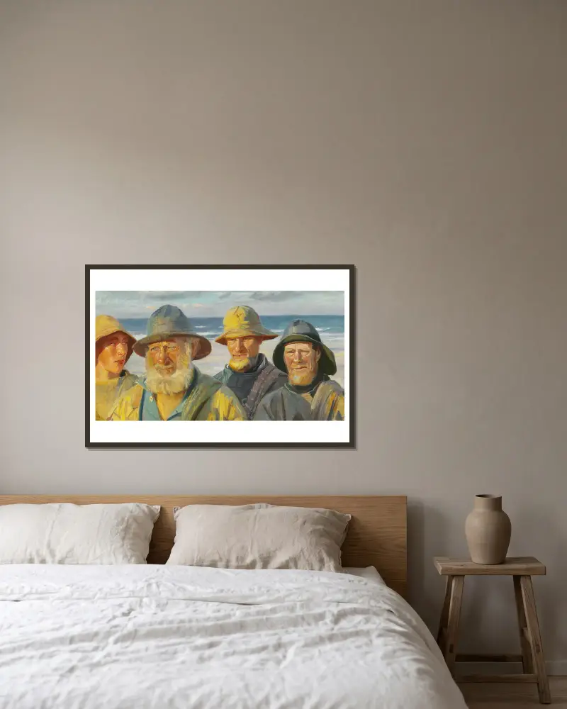 Fire fiskere i solskin på Skagen Strand av Michael Ancher inramad på en vägg