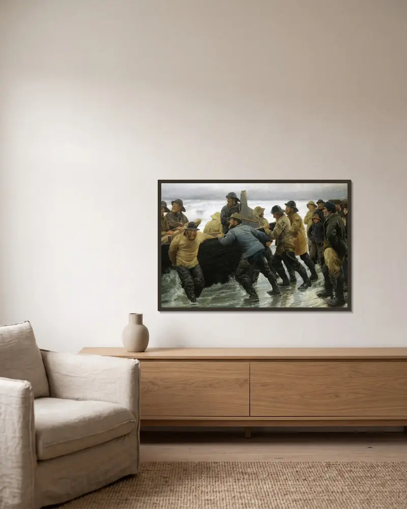 Rybacy spuszczający łódź wiosłową, Michael Ancher w ramie na ścianie