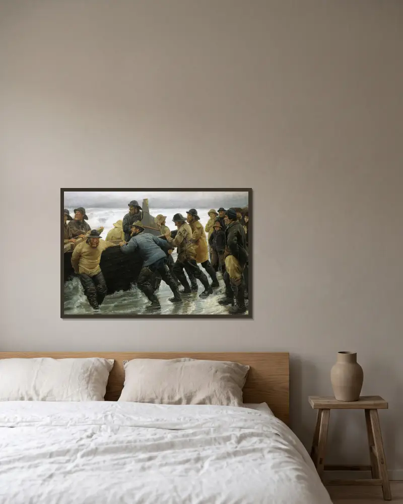 Rybacy spuszczający łódź wiosłową, Michael Ancher w ramie na ścianie