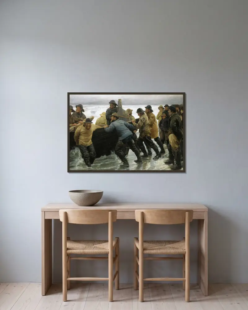 Rybacy spuszczający łódź wiosłową, Michael Ancher w ramie na ścianie
