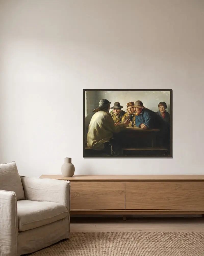 Fiskere omkring et bord drikker en fyraftensøl av Michael Ancher inramad på en vägg