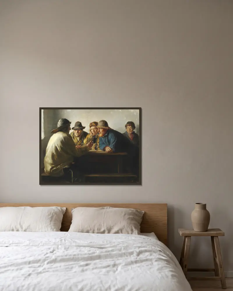 Fiskere omkring et bord drikker en fyraftensøl av Michael Ancher inramad på en vägg