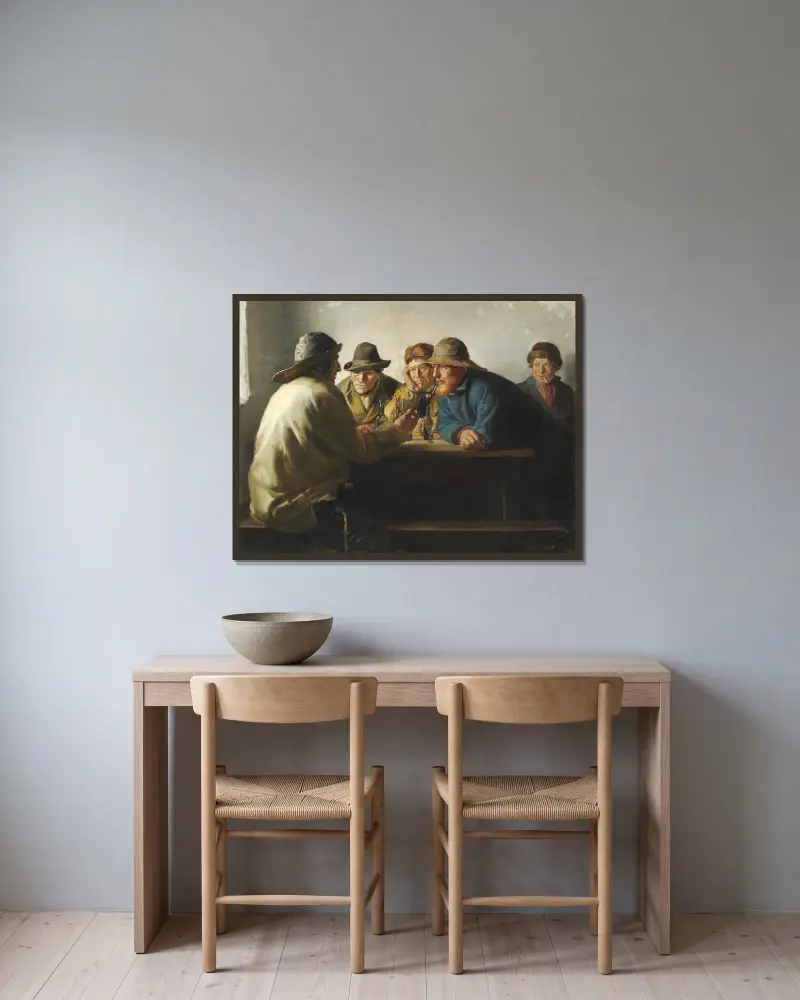 Fiskere omkring et bord drikker en fyraftensøl av Michael Ancher inramad på en vägg
