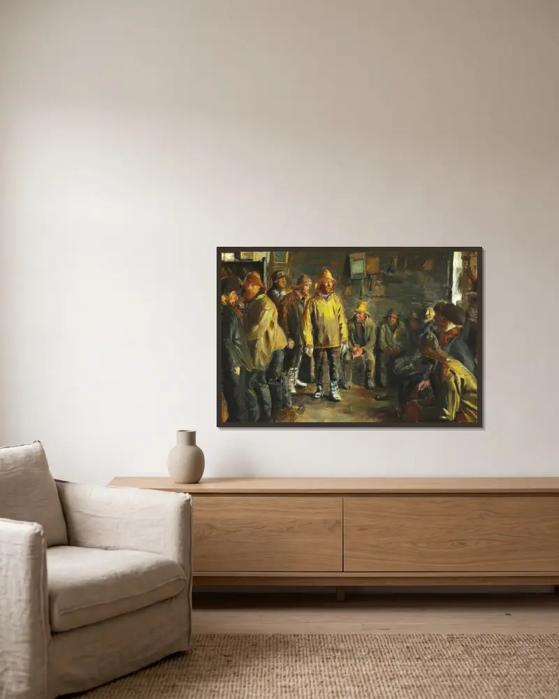 I köpmannens bod en vinterdag när man inte fiskar av Michael Ancher inramad på en vägg
