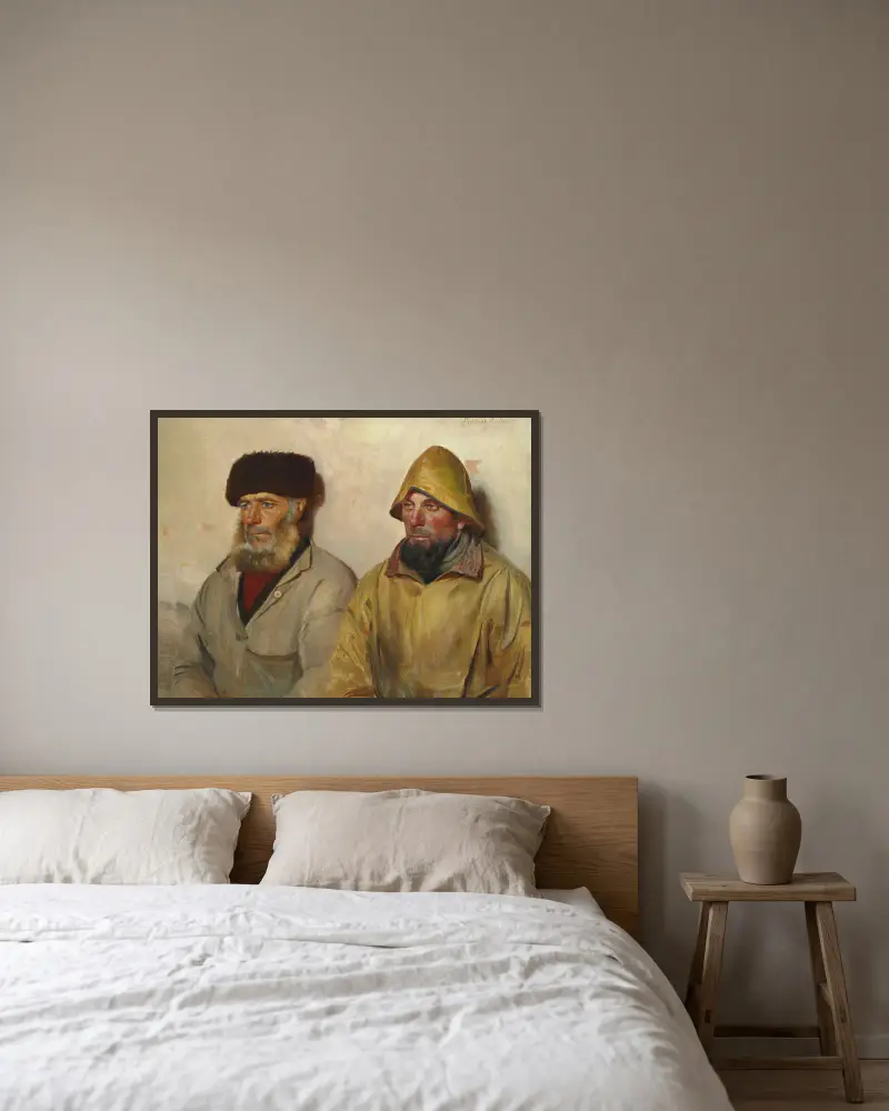 Interiør med to fiskere av Michael Ancher inramad på en vägg