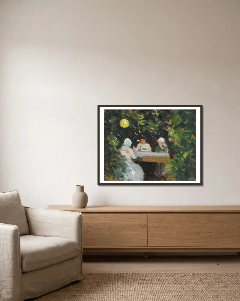 Komsammen i haven en sommeraften under lampen av Michael Ancher inramad på en vägg