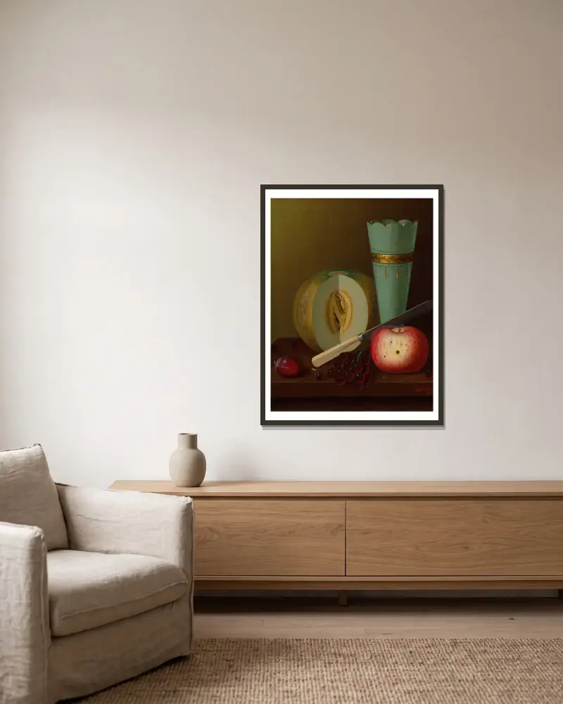 Obststücke von William Michael Harnett gerahmt an einer Wand